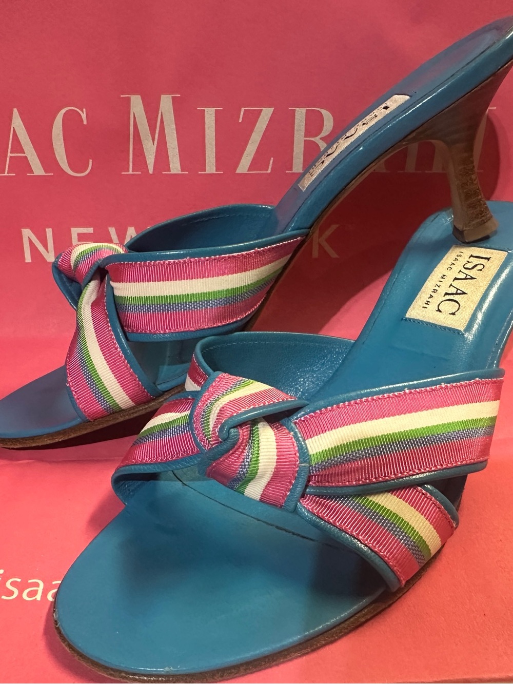 Isaac Mizrahi Vintage Blue Rainbow Twill Knot Mule Sandals 6.5